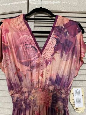 ONE WORLD Pink and Purple Floral Maxi Dress with Studded V-Neck